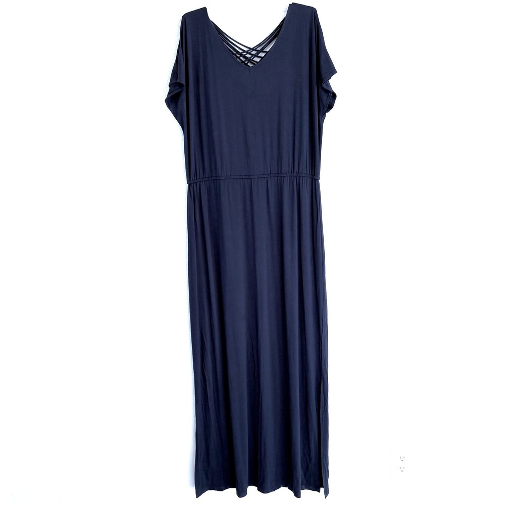 Chicos 2 US 14 Navy Blue V Neck Maxi Dress Lattice Strap Back Split Sleeves